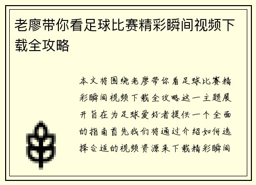 老廖带你看足球比赛精彩瞬间视频下载全攻略